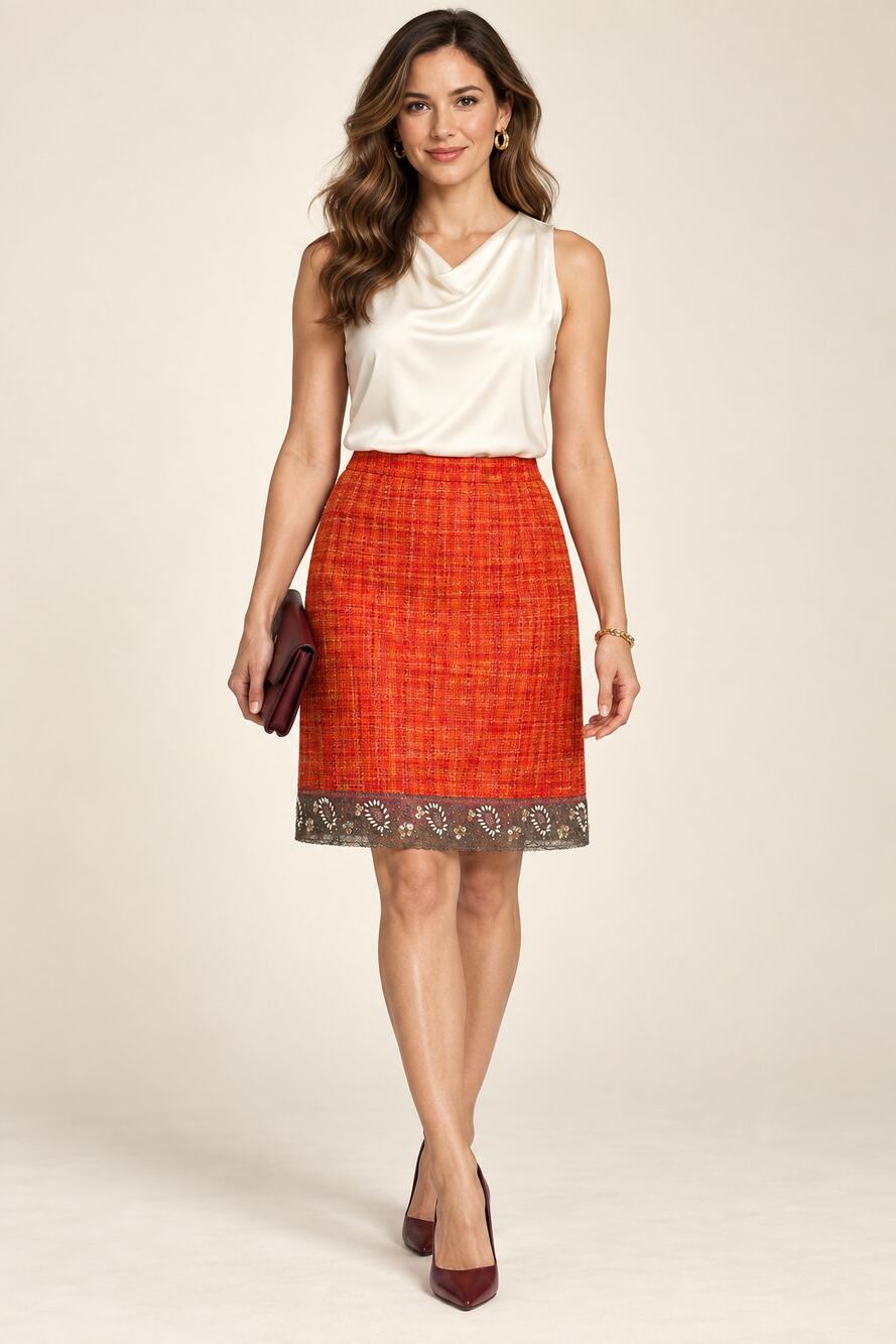 JOSEPHINE CHAUS Skirt WMNS 10 Orange Floral Beaded Hem Silk Business Casual
